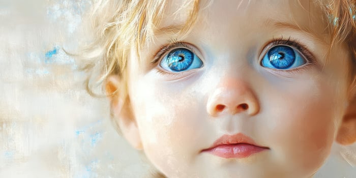 Captivating portrait of a child with striking blue eyes and wavy blonde hair gazing thoughtfully photo