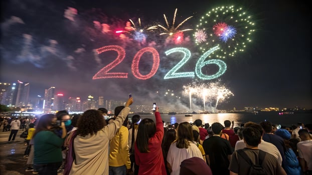 Crowds gather by a city skyline at night, capturing vibrant 2026 fireworks with smartphones, celebrating the new year with colorful explosions lighting up the sky. photo