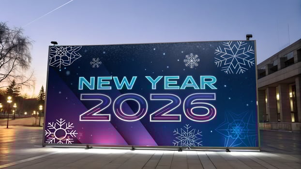 Futuristic New Year 2026 Billboard at Dusk photo