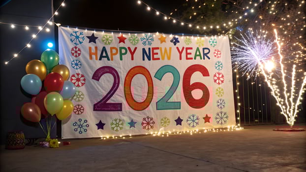 Festive New Years Eve 2026 Celebration with Balloons and Fireworks photo