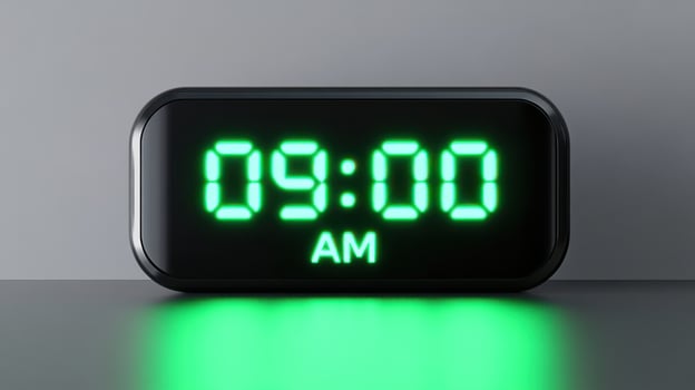 Sleek digital alarm clock displays 09.00 AM in bright neon green light from a low angle, enhancing modern decor with its minimalistic design photo