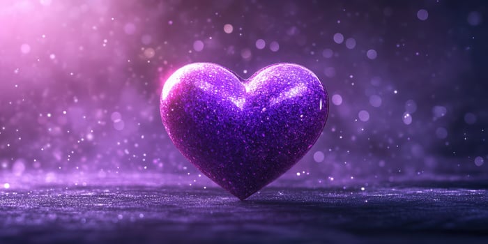 Sparkling purple heart shines brightly in a dreamy atmosphere filled with glittery particles photo