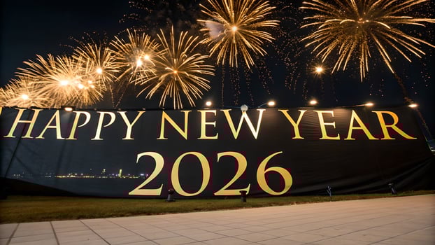 Golden fireworks explode in the night sky above a large banner reading Happy New Year 2026, capturing the celebratory spirit of the occasion. photo