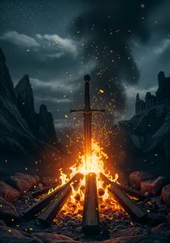Fiery Sword in Bonfire Epic Fantasy Night Scene Dramatic Mountains Sky Dark Flame Magic Power Rocks photo