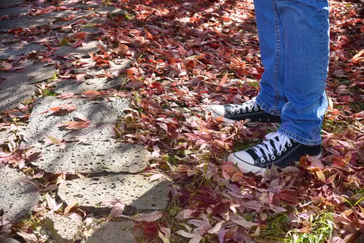 Male legs in jeans and sneakers standing on dry autumn red and yellow foliage side view. Copy space photo