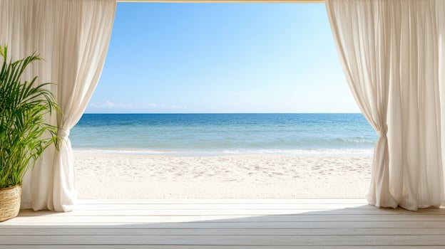 A view of the beach from an open window photo