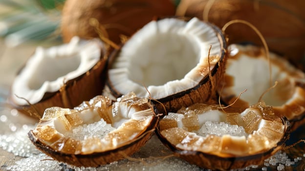 Sliced coconuts with sweetened coconut flesh and sugar, showcasing tropical flavors. photo