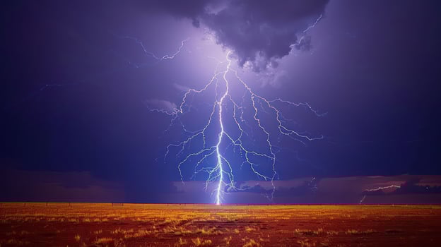 A dramatic lightning storm illuminating a vast landscape under dark clouds. photo