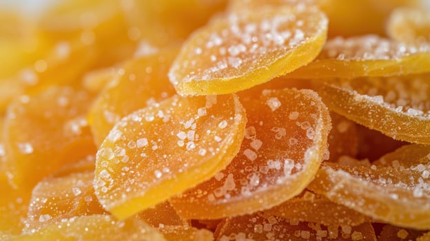 A close-up of golden, sugar-coated dried fruit slices. photo