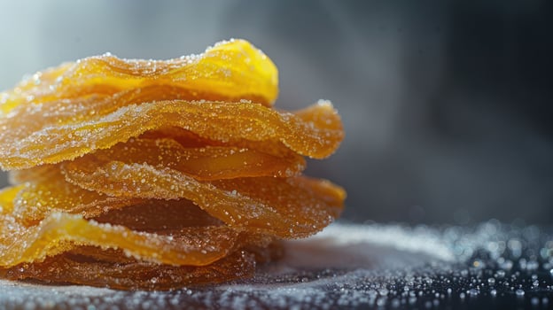 A close-up of stacked orange fruit slices coated in sugar, highlighting their texture. photo