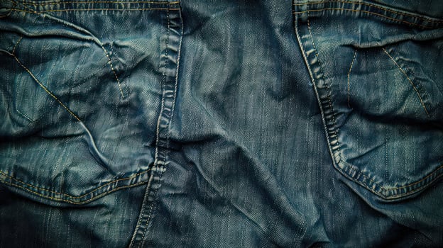 Close-up of wrinkled denim fabric with pockets. photo