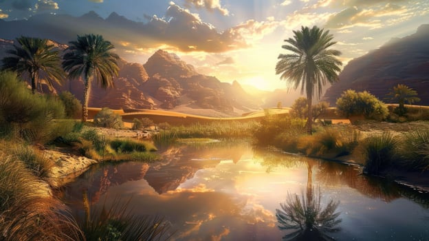 A serene landscape at sunset, featuring mountains, palm trees, and a reflective water body. photo