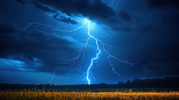Dramatic lightning illuminates a dark sky over a serene landscape. photo