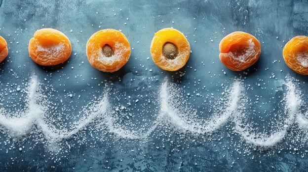 Dried apricots arranged with a sprinkle of salt on a textured surface. photo