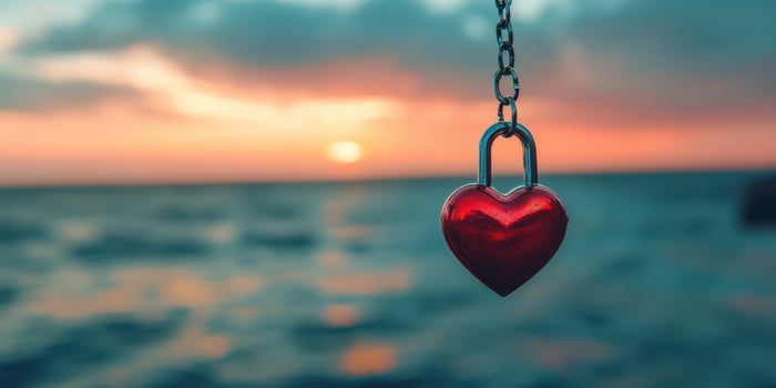 Heart-shaped padlock hanging over water during vibrant sunset on a calm evening photo