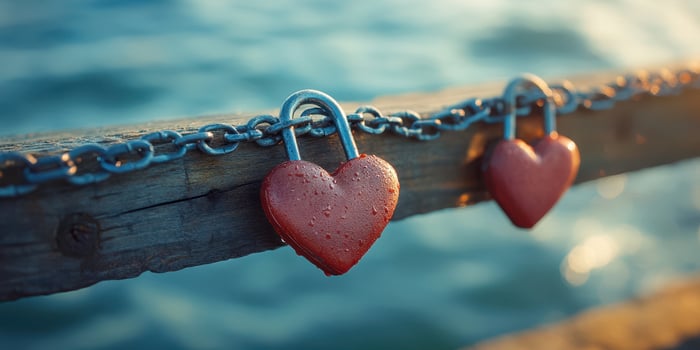 Heart-shaped locks hung on a chain by the water symbolize love and commitment in a romantic setting photo