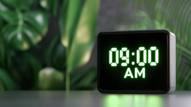 Sleek digital alarm clock displaying 09.00 AM in bright neon green from a low angle with polished black frame photo