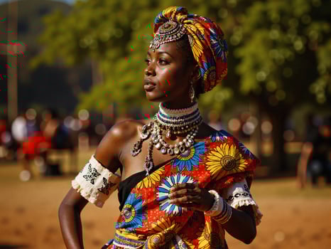 A woman in an african dress and jewelry photo