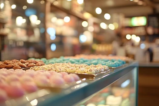 Assorted Pastel Cookies and Confections in Bakery Display Case photo