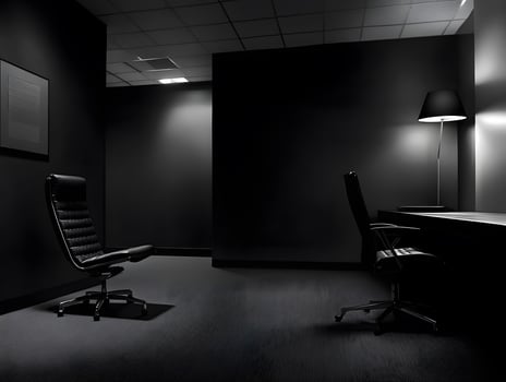 Black Office Interior with Two Chairs and Desk photo