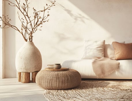 Serene minimalist interior scene with natural light casting gentle shadows photo