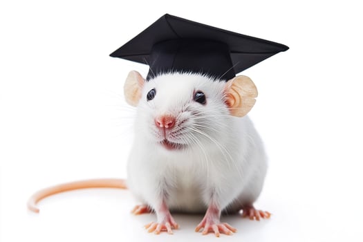 cute curious white rat wearing a black graduation cap isolated on white background photo