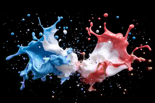 Abstract paint splashes, vibrant colors on black background. Possible use Stock photo for design elements, art projects, or education