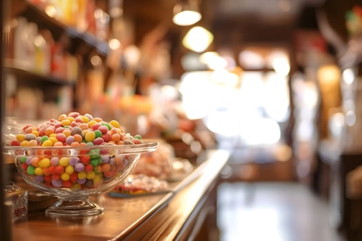 Colorful Candies in Glass Bowl on Wooden Counter photo