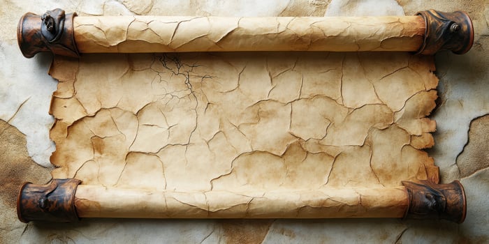 Ancient scroll with ornate ends on a textured background, displaying delicate cracks and an aged appearance photo
