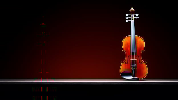 A beautifully crafted violin resting on a sleek surface against a dark red gradient background photo