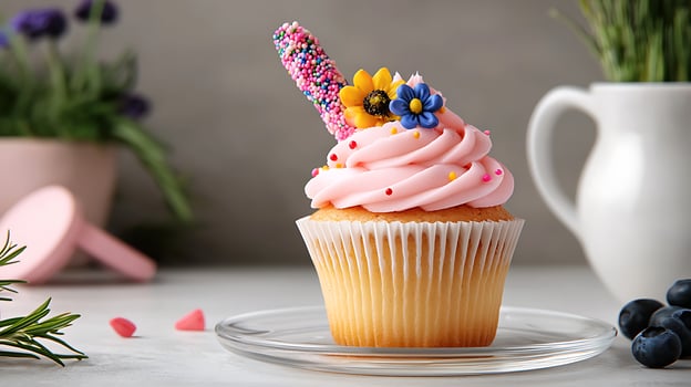 A beautifully decorated cupcake with pink frosting and colorful sprinkles, set on a glass plate photo