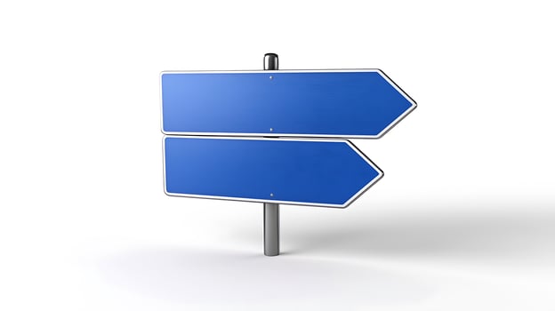 A blank directional road sign with two arrows pointing in opposite directions on a white background photo