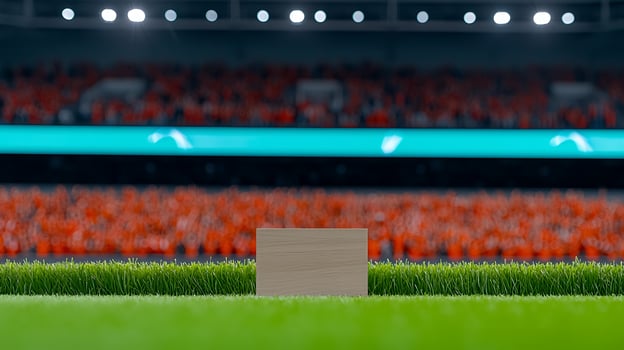 A blank wooden sign on the grass in a vibrant stadium filled with cheering fans during a game photo