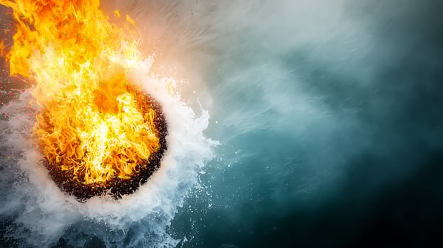 A blazing fireball plunges into turbulent waters, creating dramatic splashes and steam photo