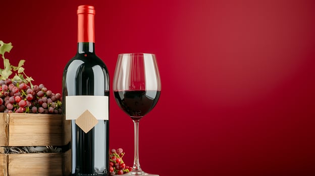 A bottle of red wine and a glass set against a rich red background with grapes nearby photo