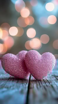 Two sparkling pink hearts on a wooden table against a blurred background of soft lights during an evening setting photo