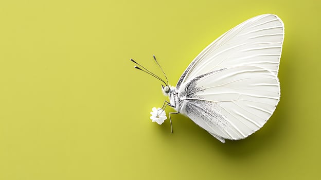 A delicate white butterfly perched on a vibrant green background, showcasing nature's beauty and tranquility photo