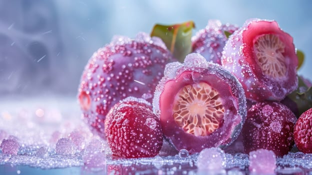 A close-up of frozen fruits with condensation, creating a refreshing and artistic display. photo