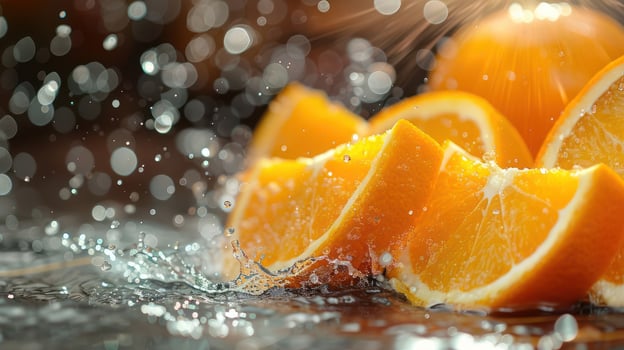 Fresh orange slices splash in water, creating a vibrant and refreshing scene. photo