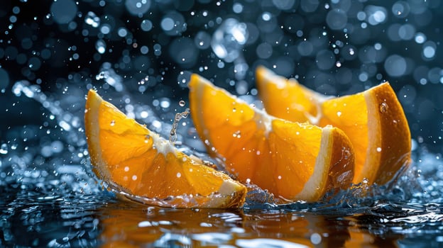 Fresh orange slices splashing in water, creating a vibrant, refreshing scene. photo