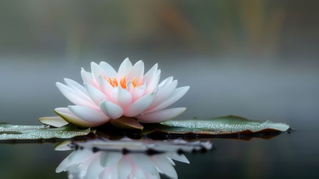 A serene water lily floats gracefully on a still pond, surrounded by misty tranquility. photo