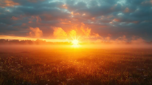 A stunning sunrise over a misty field, with vibrant colors illuminating the landscape. photo