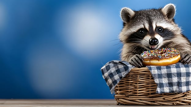 A raccoon joyfully holding a sprinkled donut in a woven basket against a blurred blue background photo