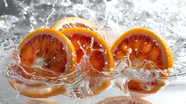 Slices of orange splashing in water, showcasing freshness and vitality. photo