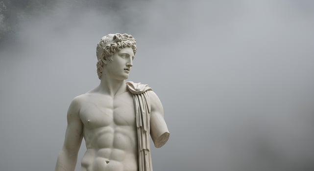 Ancient Greek marble statue of Hermes, the messenger god, depicted in classical art style on a simple background, symbolizing mythology, history, and antique sculpture photo