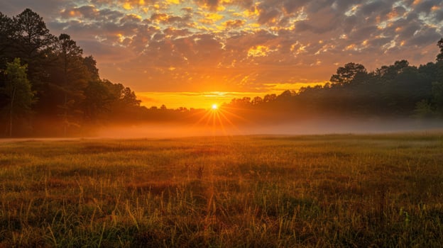 A serene sunrise over a misty landscape, highlighting nature's beauty and tranquility. photo