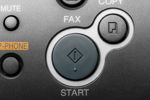 Black fax machine tool close up, business concept photo