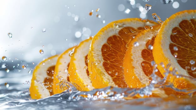 Slices of orange splashing in water, showcasing freshness and vibrancy. photo