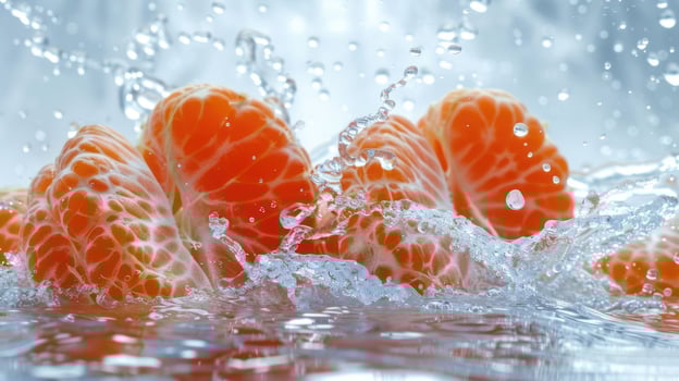 Juicy tangerine segments splashing in water, showcasing freshness and vitality. photo