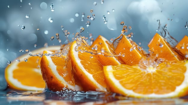 Juicy orange slices splashing in water, showcasing freshness and vitality. photo